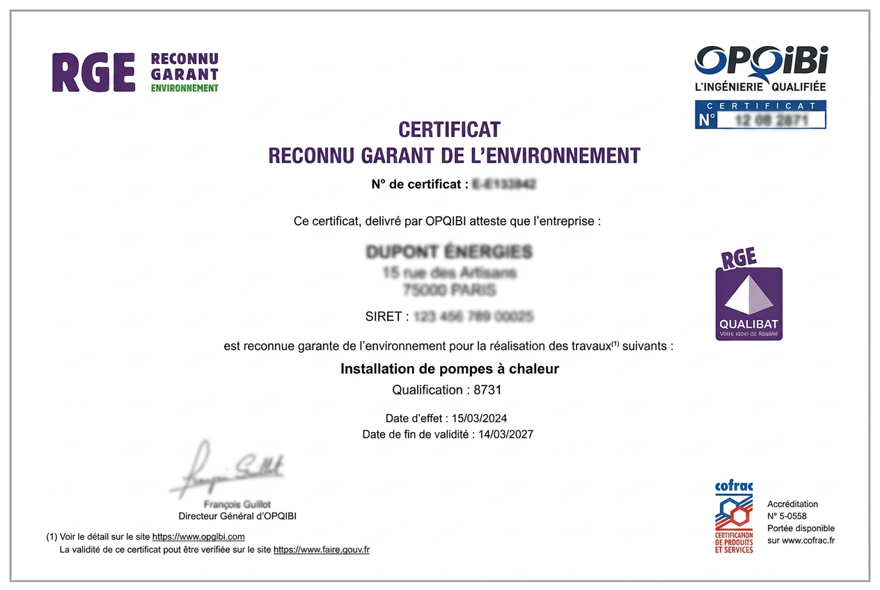 Exemple de certificat RGE délivré par OPQIBI / Qualibat